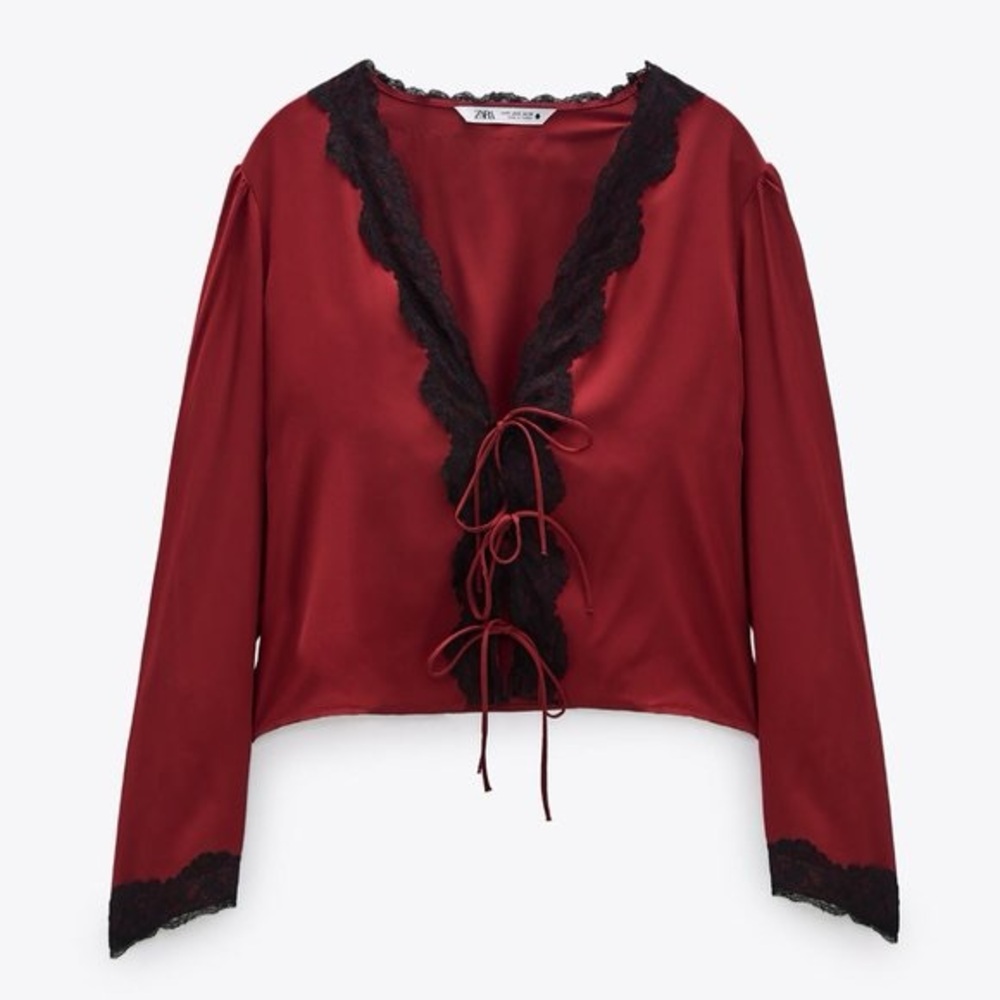 Zara‎ Long Sleeve Lace Trimmed Bow Tie Front Top Large New
